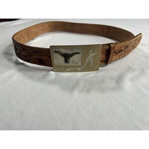 Longhorn Metal Belt Buckle Tooled Leather Belt Mens Size 35 Brown Western Cowboy